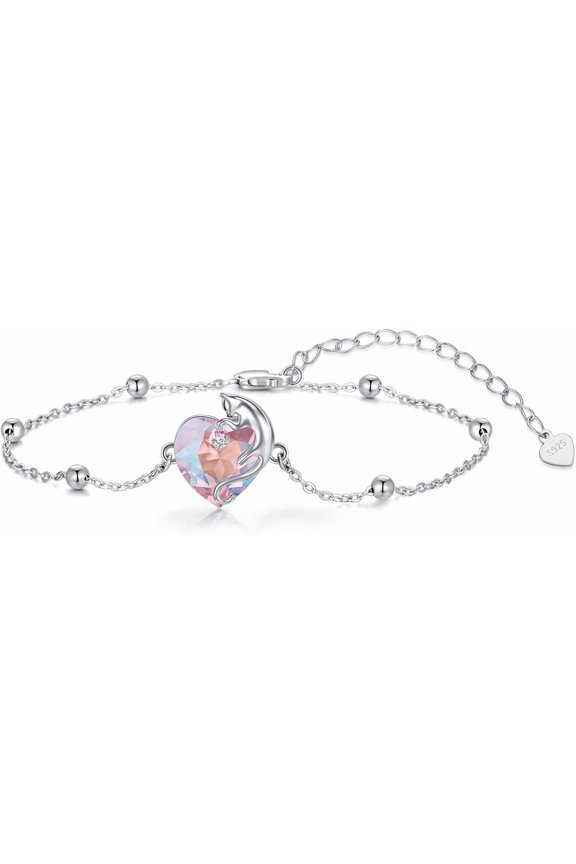925 Sterling Silver Cute Cat/Fox Link Bracelet with Heart Crystal from Austria, Animal Jewelry Gifts for Women