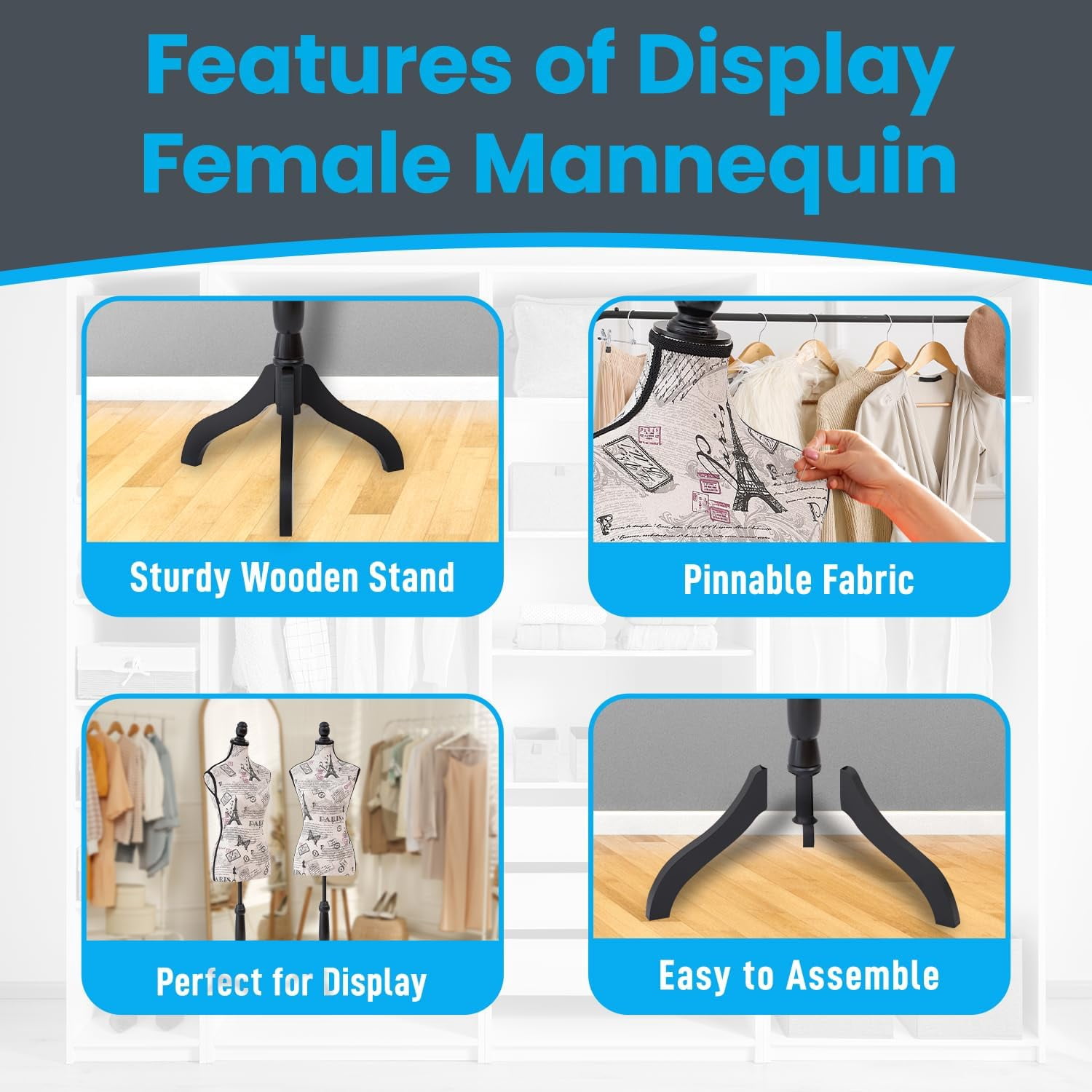 Mannequin - Adjustable Height, Durable Foam and Canvas Construction, Wooden Base, Compact Shoulder Width, Lightweight, Versatile Display for Clothing and Accessories, Black & White