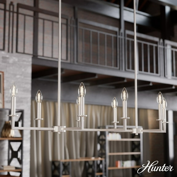 Hunter - Bearden 8-light Brushed Nickel, Extra Large Chandelier, Dimmable, Casual Style, Linear Shaped, for Bedrooms, Dining, Living Rooms - 19631