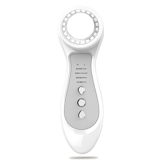 Aparato de belleza facial multifuncional con tecnología de radiofrecuencia y luz LED, ideal para cuidado de la piel en casa, color blanco.