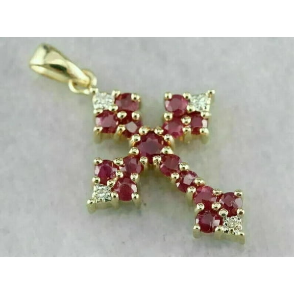 Women's 2Ct Lab Created Red Ruby & Diamond Cross Pendant 14k Yellow Gold Plated
