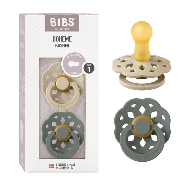 BIBS Chupones Boheme Pack de 2, Tetina redonda de látex natural, Talle 1, Color Vanilla/Pine, 0 a 6