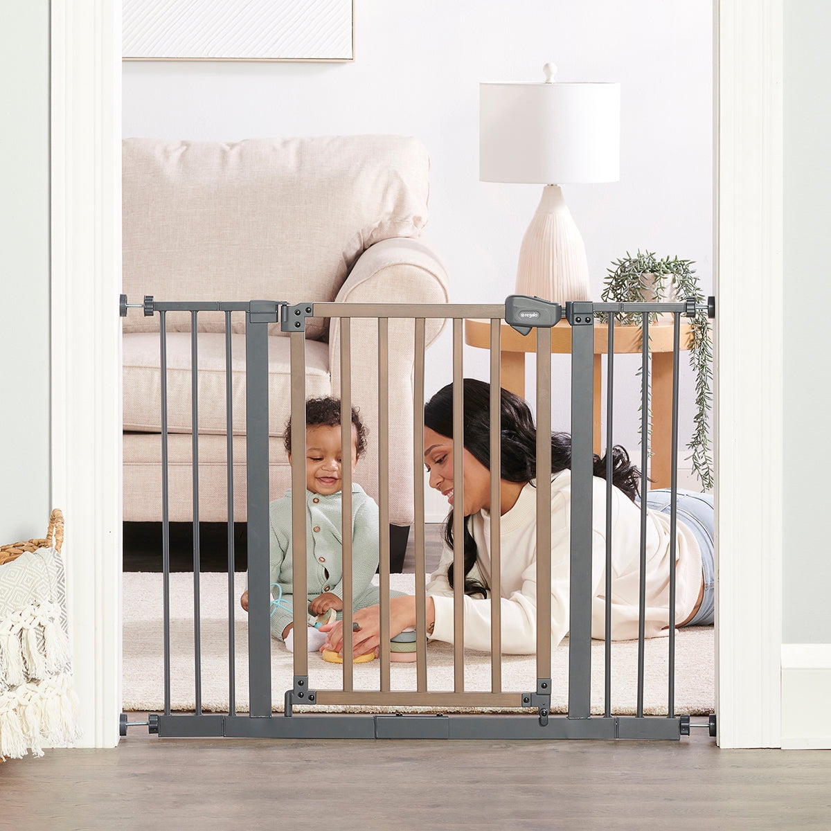 Regalo Multi-Style Wooden Baby Safety Gate, Fits Openings 30-39.5", Gray & Brown
