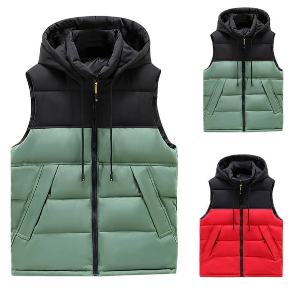 YOIAVAIOY Manteaux Sans Manches en Duvet pour Femmes, Doudoune Matelassée d'Hiver, Veste Mode à Blocs de Couleur, Gilet Thermique à Capuche, Gilet Rembourré Vert G