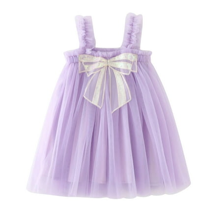 

UHUYA Toddler Dress Kids Baby Girls Cute Summer Mesh Solid Color Print Bow Suspenders Dress Skirt Purple B 12-18 Months