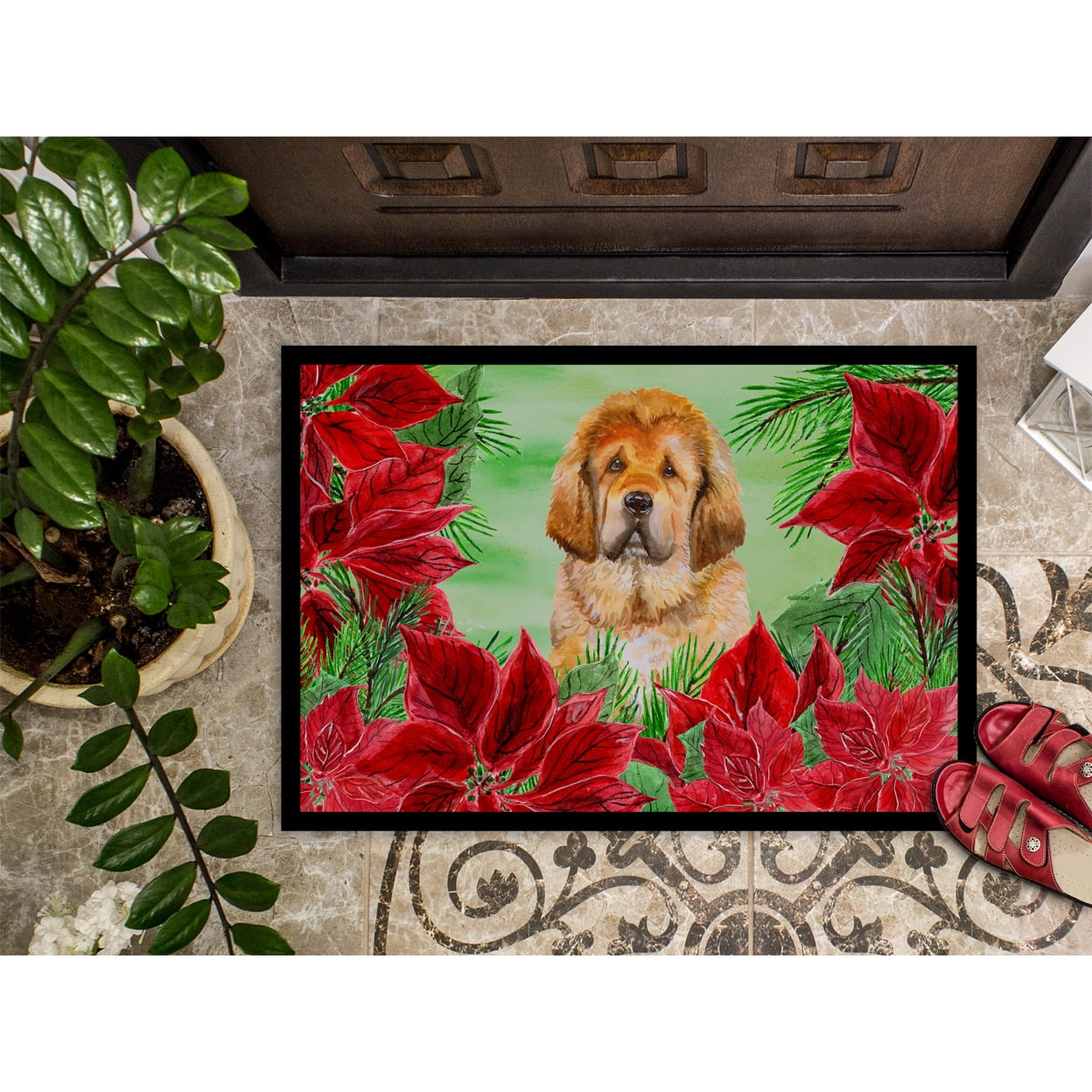 Carolines Treasures CK1368JMAT Tibetan Mastiff Poinsettas Door Mat Indoor Rug or Outdoor Welcome Mat 24x36 Doormat  36"L