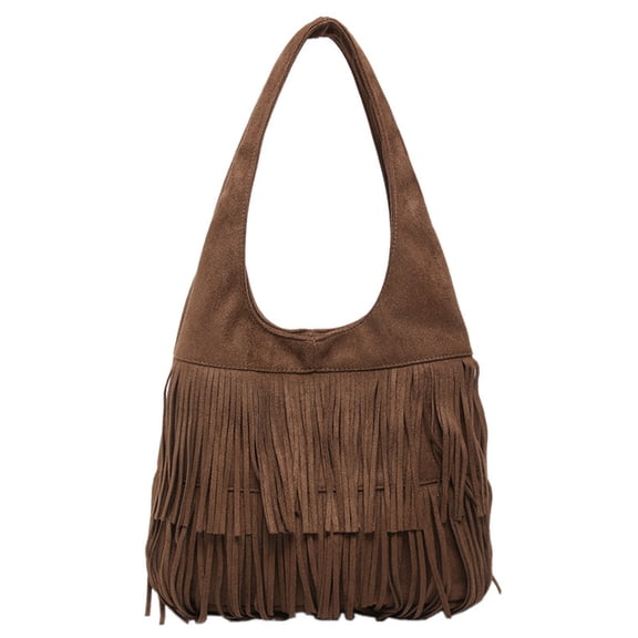 Modstep Suede Tote Bag for Women Slouchy Retro Tassel Shoulder Purse Vintage Large Capacity Frosted Underarm Handbags for Ladies Work Brown