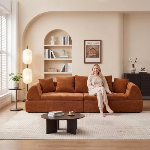Howcool 104" Cloud Modular Sectional Sofa with Ottoman, Boneless Deep Fluffy Seat Couch, No Assembly Required for Living Room and Bedroom, Orange