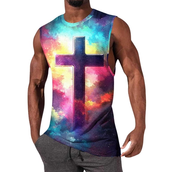 Summer Tank Tops for Men 2026 Cross Graphic Tank Top Crew Neck Vintage Graphic Sleeveless Washed T Shirt Streetwear L