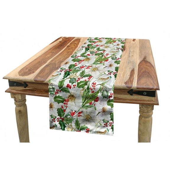 Watercolor Table Runner, Christmas Themed Floral Poinsettia Winter Inspirations Berries Leaf, Dining Room Kitchen Rectangular Runner, 3 Sizes, by Ambesonne