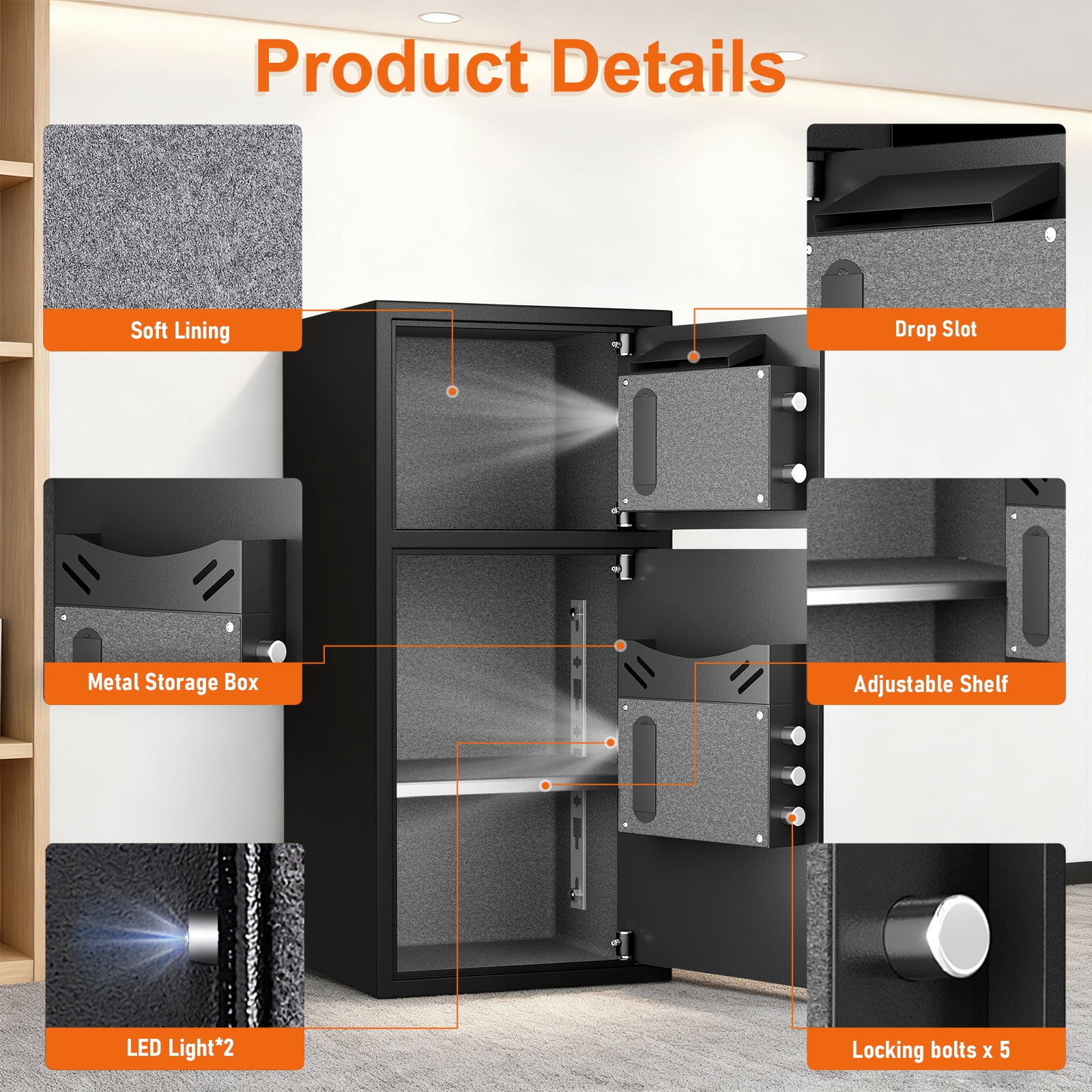 6.0 Cu ft Large Safe Box Fireproof Waterproof,with LED Light fire proof safe for home documents,Fingerprint password personal Safe with Deposit Slot & Dual Alarm System,Security Box for Valuables