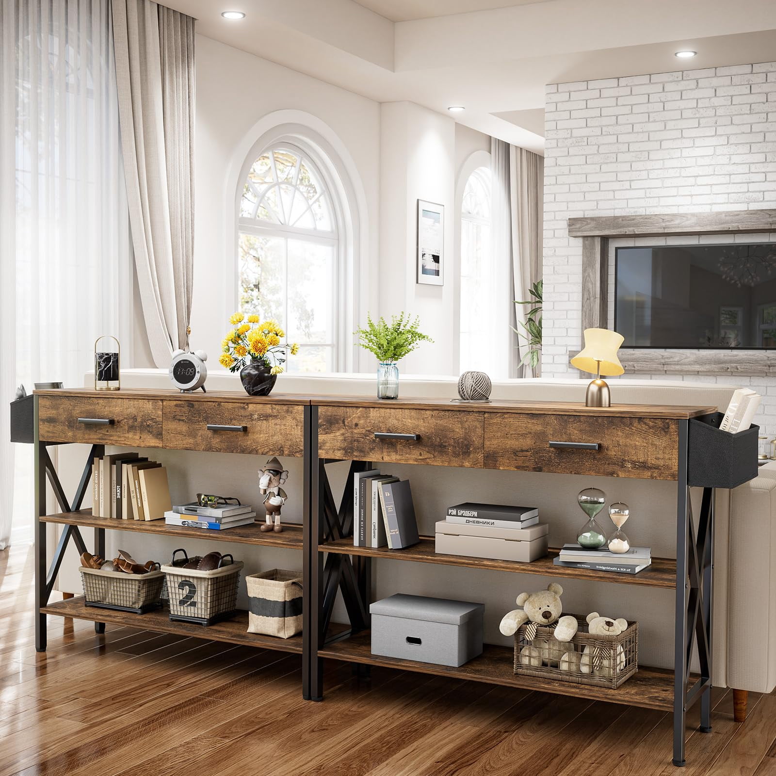 Aiho 39" Entryway Table with 2 Drawers, Modern Console Table with 3 Tier Storage Shelves, Sofa Table for Livingroom, Entruway, Small Spaces, Retro