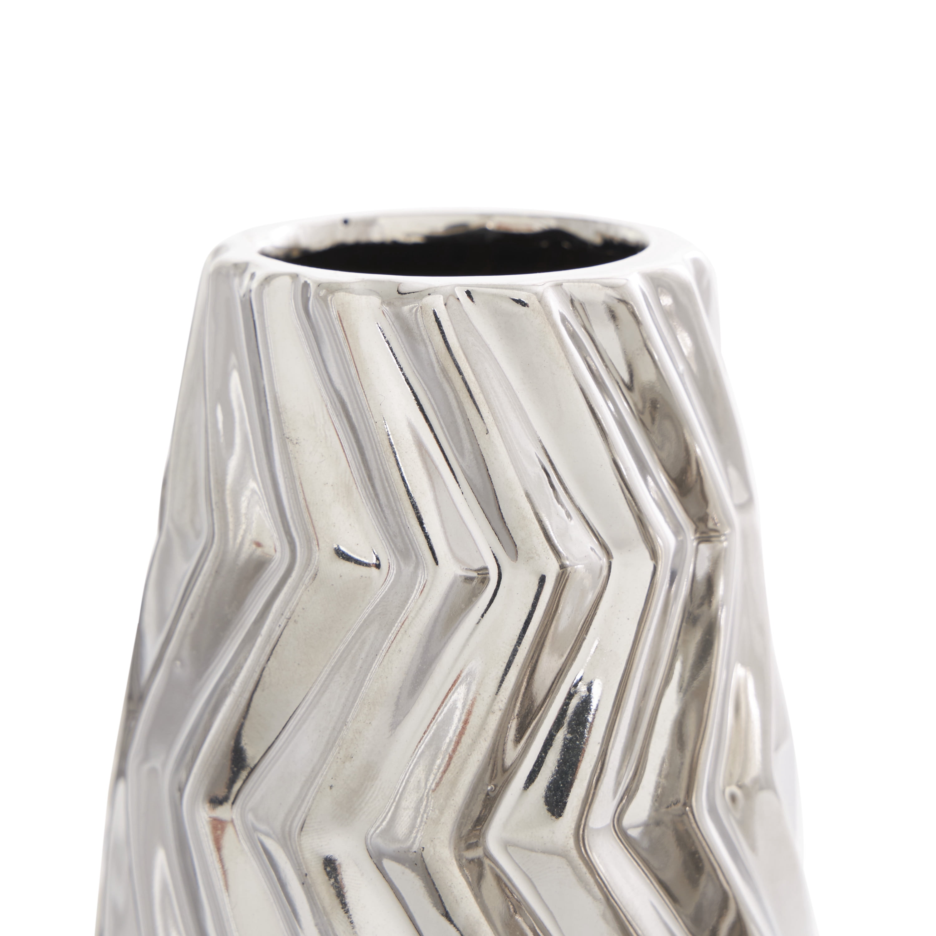 DecMode 4"W, 11"H Dimensional Chevron Textured Silver Ceramic Vase with Varying Shapes, Set of 3