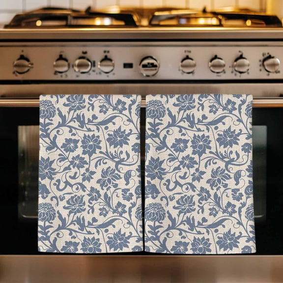 Light Blue Floral Kitchen Towels Set of 3, Rustic Vintage Flowers Botanical Spring Absorbent Dish Towels for Kitchen, Microfiber Hand Towel, Quick Drying Tea Towel for Cleaning Decorative Dishcloths