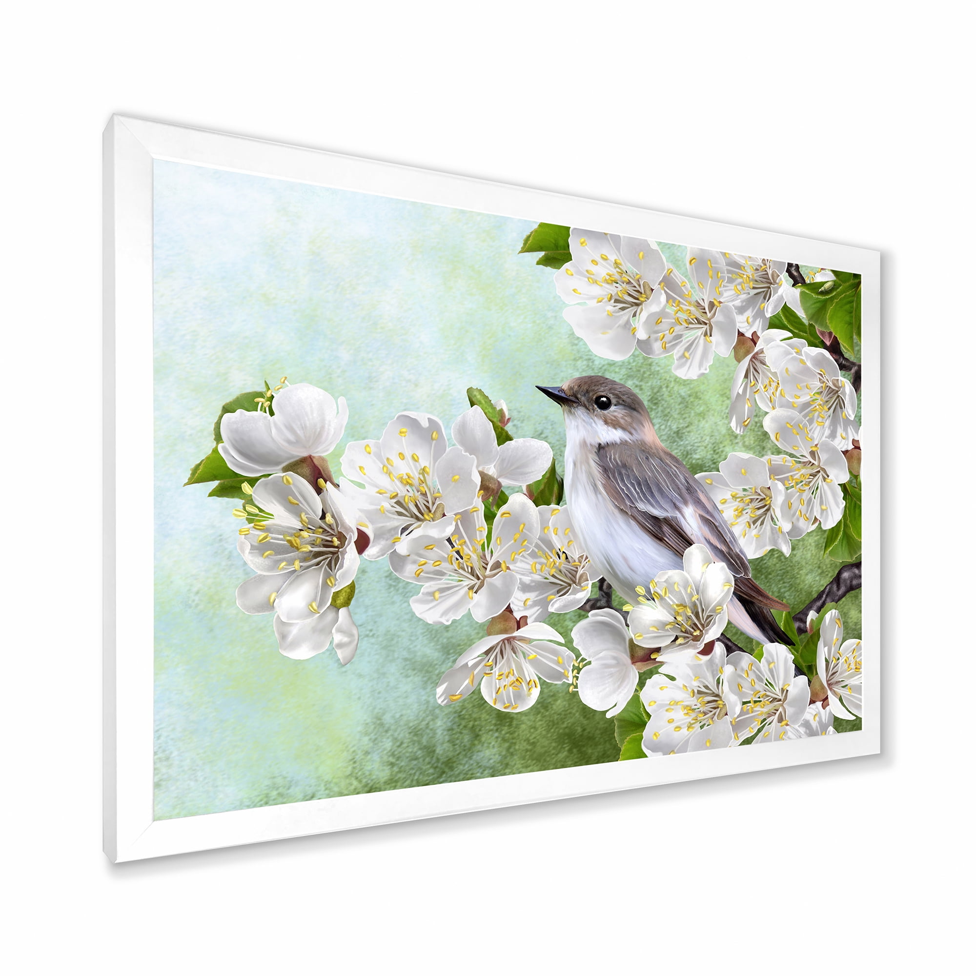 Designart 'Gray Bird Sitting On A Branch of A Blossoming Tree' Traditional Framed Art Print