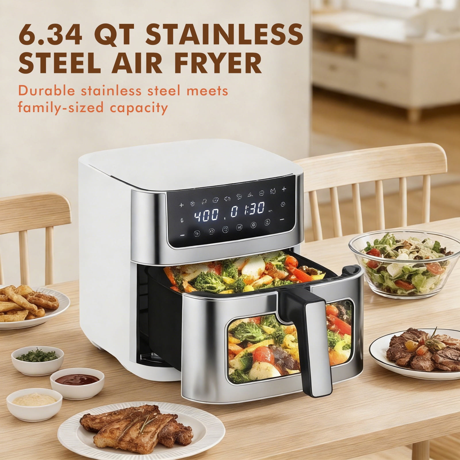 Gianna 6 Quart Air Fryer, 9-in-1 Functions, Ceramic Coating, 90°–450°F, White