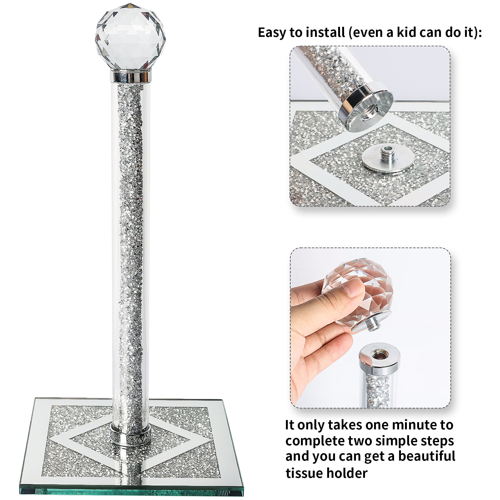 YTCYKJ Towel Holder , Square Base Vertical Paper Towel Holder with Sparkling Crystal Crushed Diamond Accents for Kitchen, Dining Table and Bathroom, Silvery