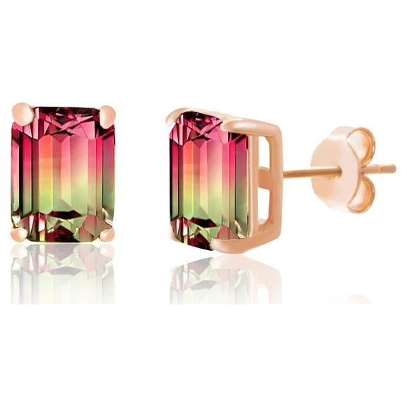Inspired by You Emerald Cut Simulated Watermelon Tourmaline and Round Cubic Zirconia Stud Earring for Women in Rose Gold Plated Sterling Silver