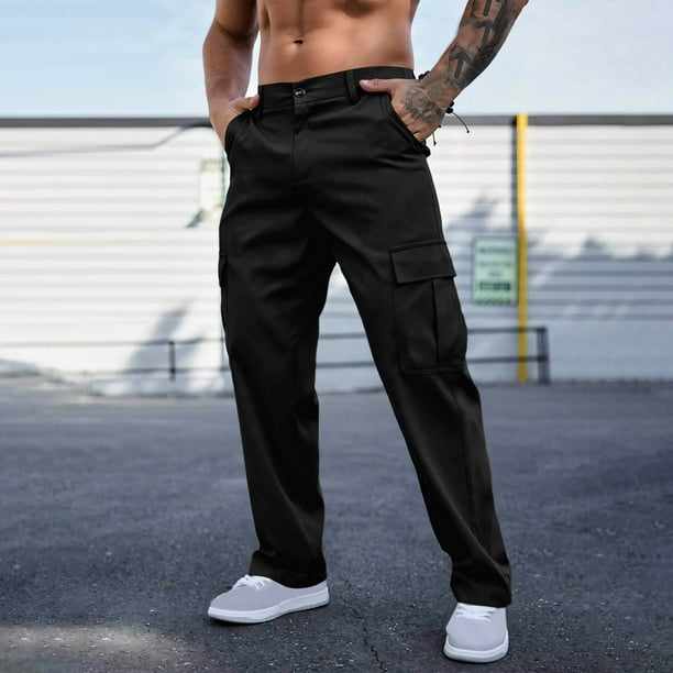 Pantalones largos para hombre, color liso, informales, con bolsillos, ropa de trabajo, pantalones rectos con botones y cintura para exteriores, pantalones de poliéster para hombre