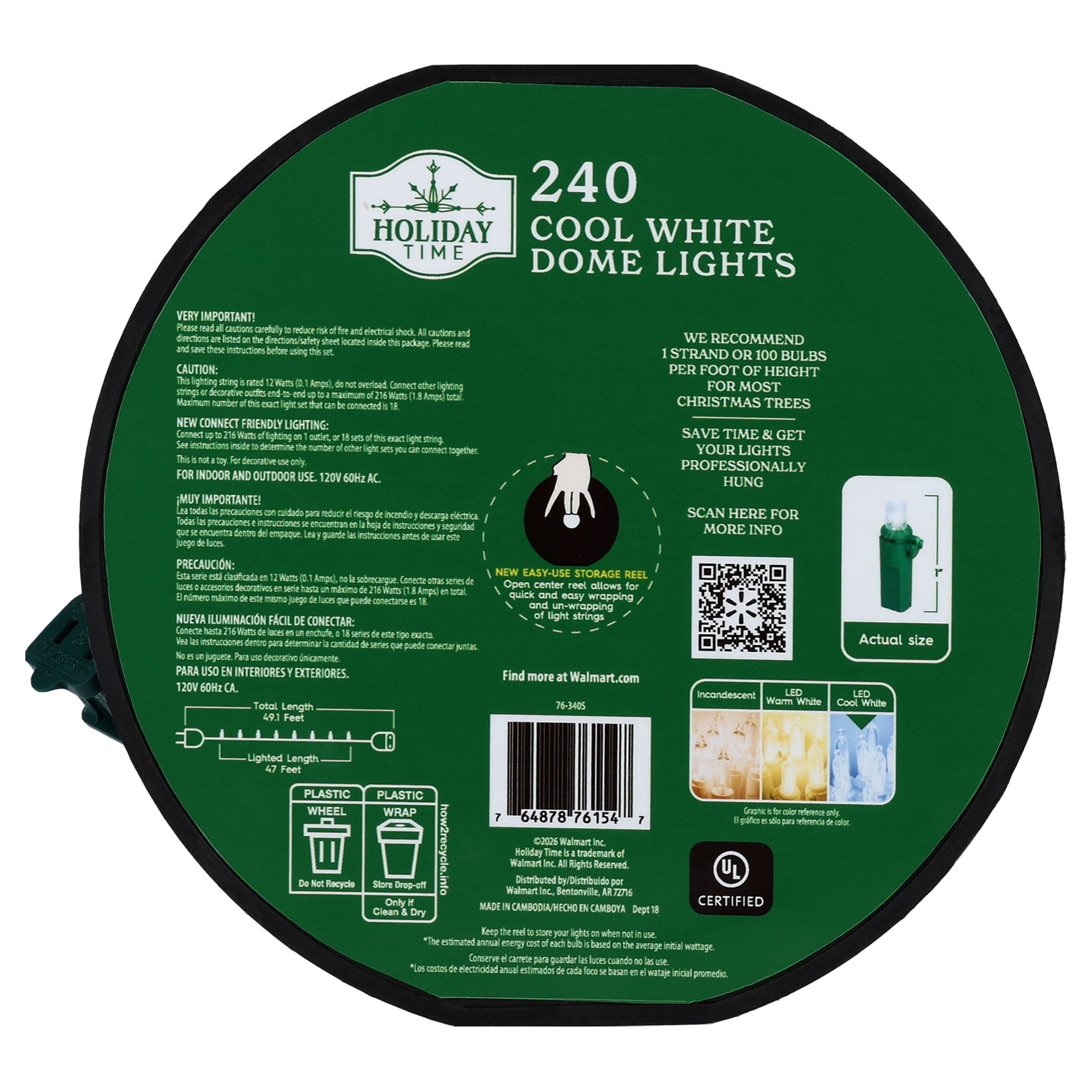 Indoor/Outdoor 240-Count LED Dome Christmas String Lights, Cool White, Green Wire, 47', by Holiday Time