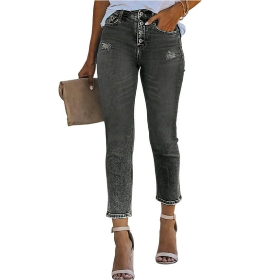 Ankle Denim Pants with Pockets Travel Cropped Pants Cowgirl Outfits Trendy Stretchy Baggy Jean High Waisted Straight Leg Jeans Y2k Frayed Raw Hem Ripped Distressed Jean Boyfriend Jeans for Women