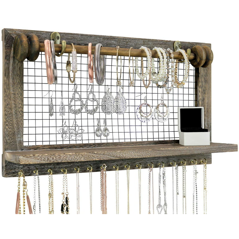 VINAEMO Jewelry Organizer Hanging Wall Mounted Jewelry Holder with Rustic  Wood Drawer & Large Capacity Storage Shelf Rack Display for Earrings Rings