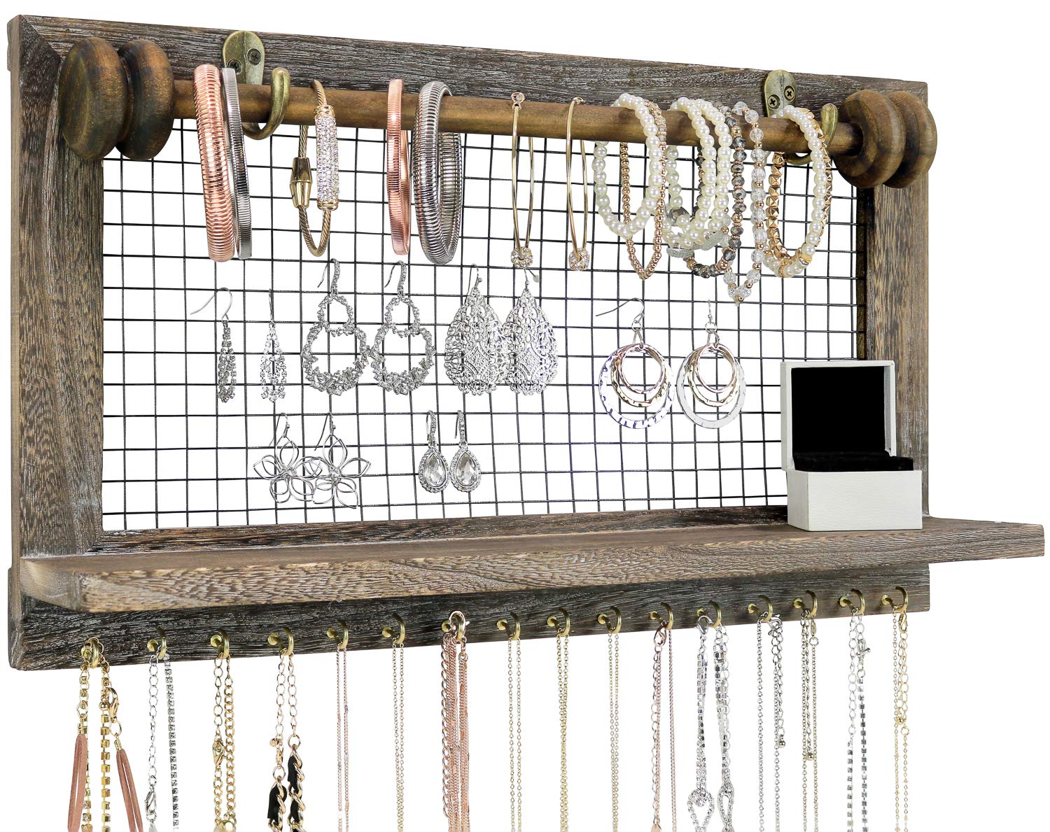 Greenco Rustic Wooden Wall Mount Jewelry Organizer with Removable Hanging Rod and Storage Shelf for Earrings, Bracelets, Necklaces and Accessories, Jewelry Holder, Bracelet Holder, Jewelry Display - image 4 of 6