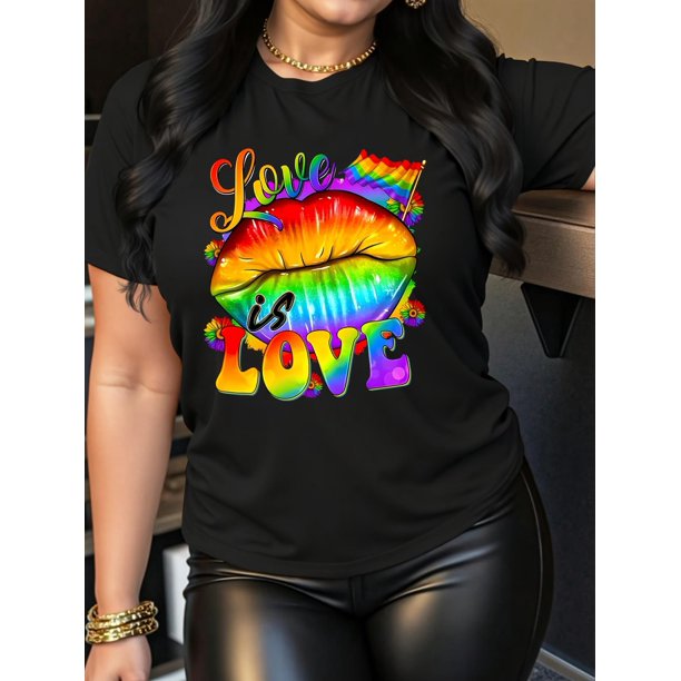 Camiseta De Mujer Camiseta De Verano Para Mujer Para Viajes En La Calle TrabajoColorful Lips Flower LOVE Letter Printed Casual Fashion Top for Black Women, Round Neck Short Sleeve T-ShirtFather's Da