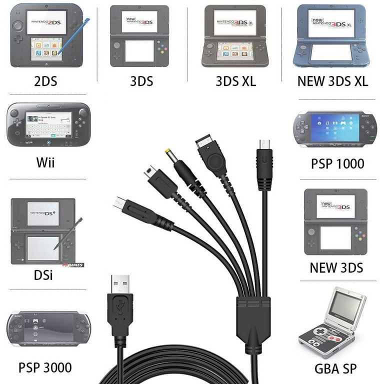 5 in 1 USB Charger Cable for Nintendo DS Lite/Wii U/New 3DS (XL/LL), 3DS  (XL/LL), 2DS, DSi (XL/LL),NDS/Gameboy Advance SP, PSP 1000 2000 3000,  Multi-Functional USB Charging Cord with Cable Tie 