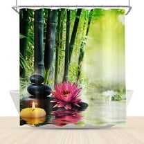 Zen Spa Shower Curtains for Bathroom Japanese Style Lotus Green Bamboo Shower Curtains Set for Meditation Bathroom Decor 72x72 Inch Waterproof Polyester Fabric with 12 Hooks