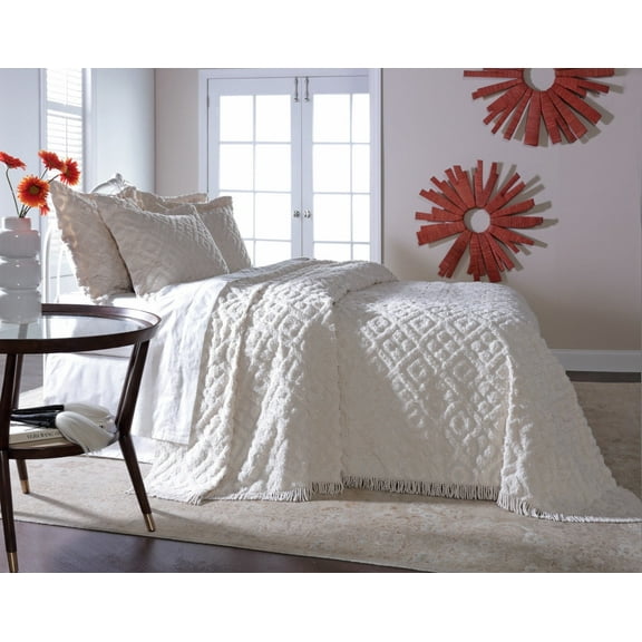 DIAMOND TUFTED CHENILLE BEDSPREAD AND PILLOW SHAM SET, ALL COTTON, QUEEN SIZE, WHITE