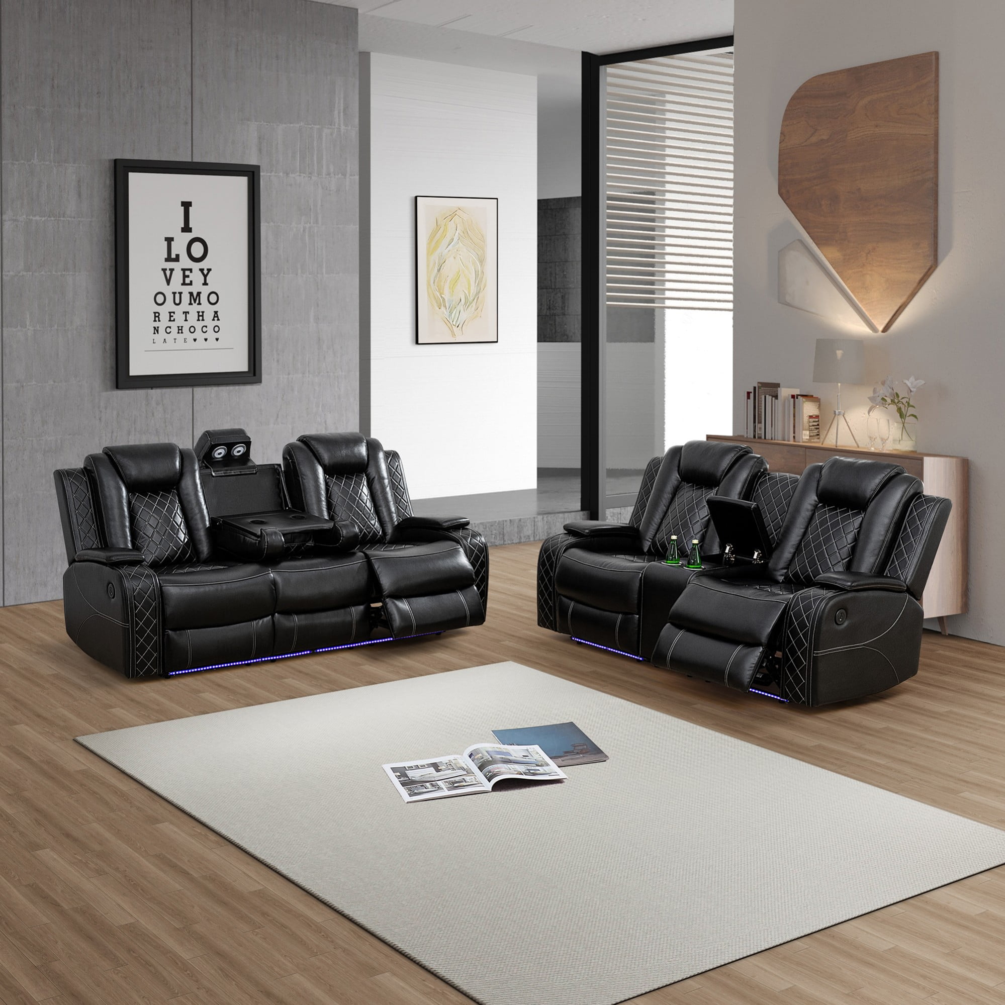 Gewnee Black 2-Piece Multifunctional Smart Sofa with Console & Cup Holders, Solid Wood Frame, Double-Layer Springs and Air Leather