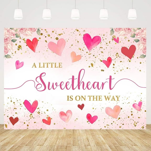 Girl Baby Shower Backdrop A Little Sweetheart is On The Way Photography Background Pastel Pink Red Love Hearts Floral Gold Glitter Dots Newborn Birthday Party Decorations Banner