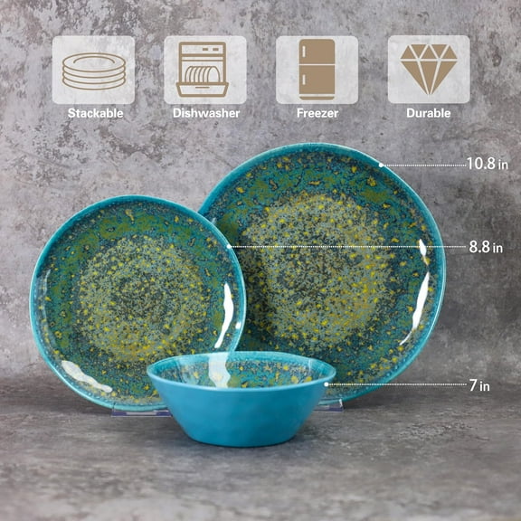 Melamine Dinnerware Set of 12Pcs, Dish Set for 4, Lightweight  Plates and Bowls Set, Great for RVs Camping, Dishwasher Safe,Rusty Blue