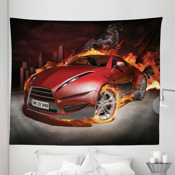Cars Tapestry, Red Sports Car Burnout Tires in Blazing Engine Hot Smoke Automobile, Fabric Wall Hanging Decor for Bedroom Living Room Dorm, 5 Sizes, Orange Black Red, by Ambesonne