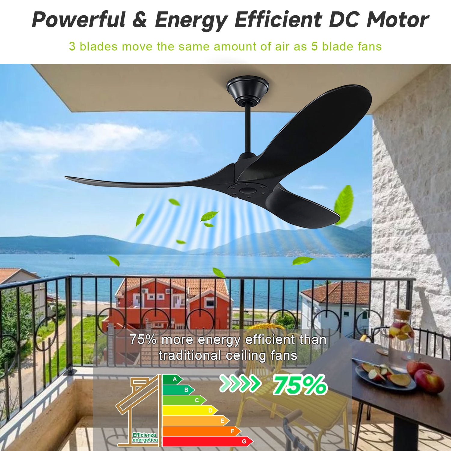60 inch Modern Black Outdoor Ceiling Fan with Remote, No Light, Quiet Reversible DC Motor