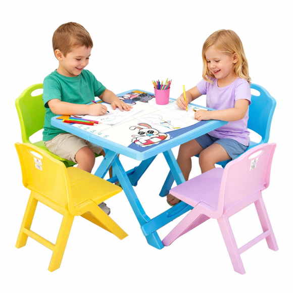 Mesa Infantil Plegable Pintarron 4 Sillas De Colores Para Niños Dibujo Color Azul