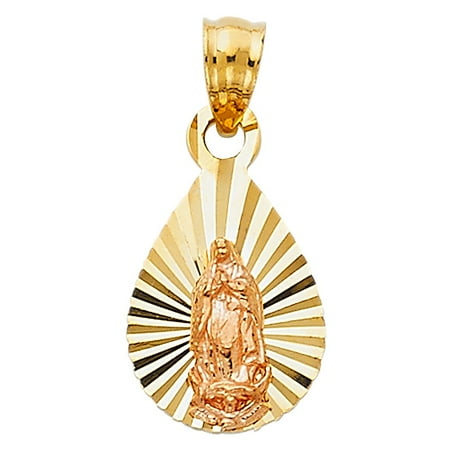 - Our Lady of Guadalupe Mother Mary Charm 14k Two Tone Gold Tear Drop Disc Medallion Religious 13mm x 10mm Diamond Cut Pendant
