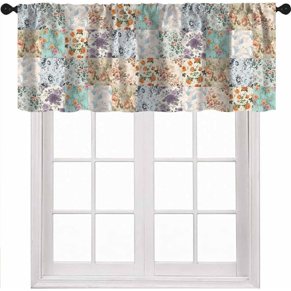 Patchwork Floral Valance Curtains, Vintage Mid-Century Pink Rose Flowers Boho Rod Pocket Valances for Kitchen Living Room Dinning Room Bedroom 1 Panel, 54x18 Inch
