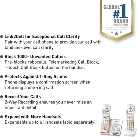 Panasonic - KX-TGD862G Link2Cell DECT 6.0 Expandable Cordless Phone System with Digital Answering System - White/Rose Gold
