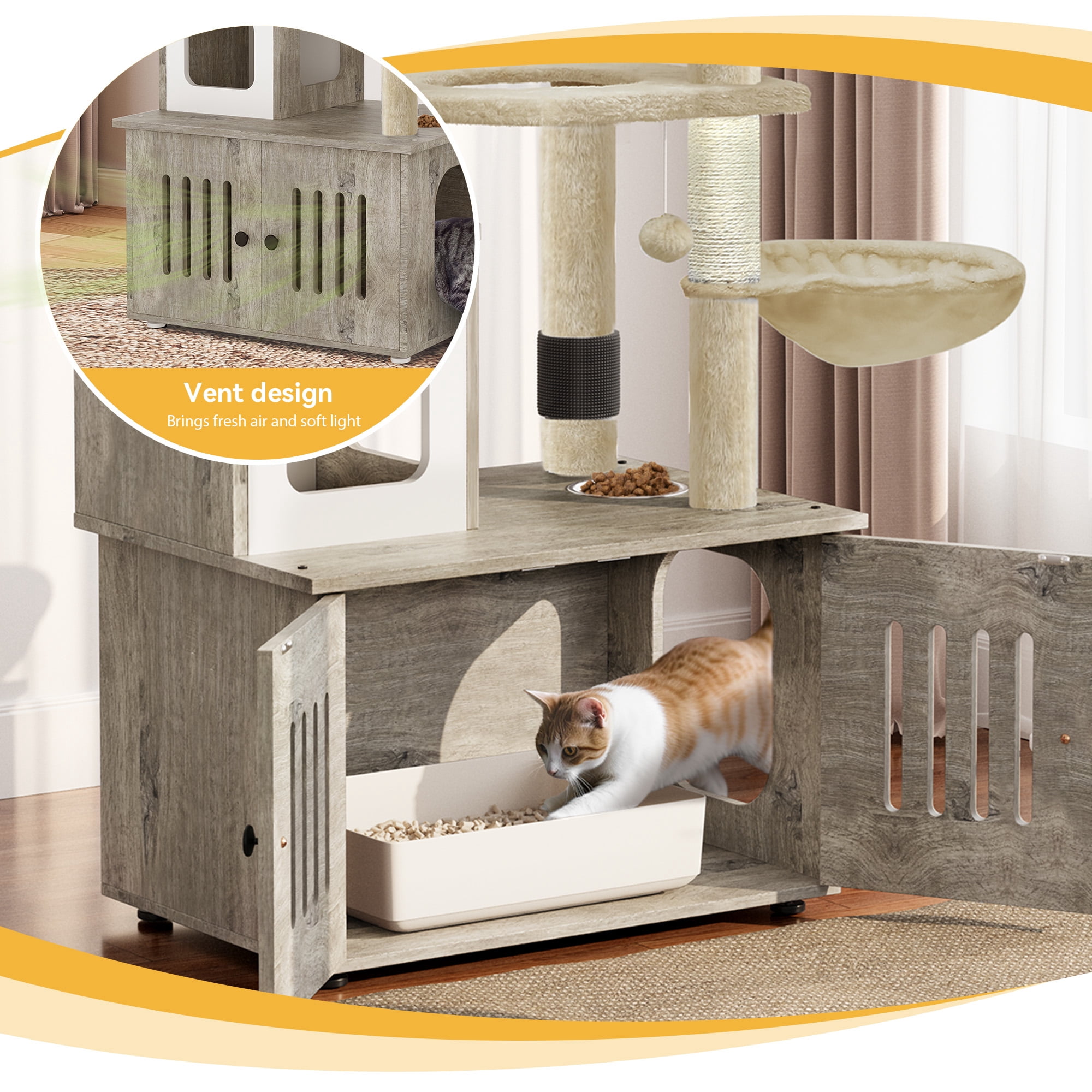 Dextrus 2-in-1 Cat Furniture Condo, 59" Cat Tree Multi-Functional Cat Tower with Litter Box Enclosure, Wood House, Scratching Post, Feeding Station, Hammocks & Brush - Gray