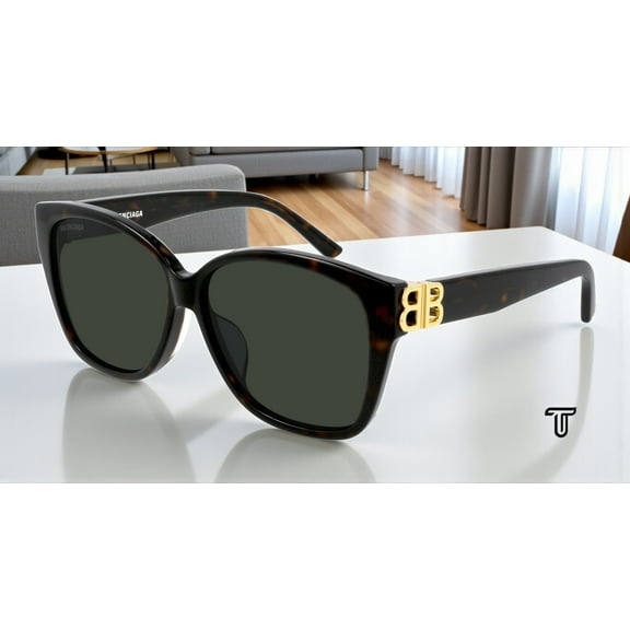 BALENCIAGA BB0135SA 002 Squared Havana Solid Green 59 mm Women's Sunglasses