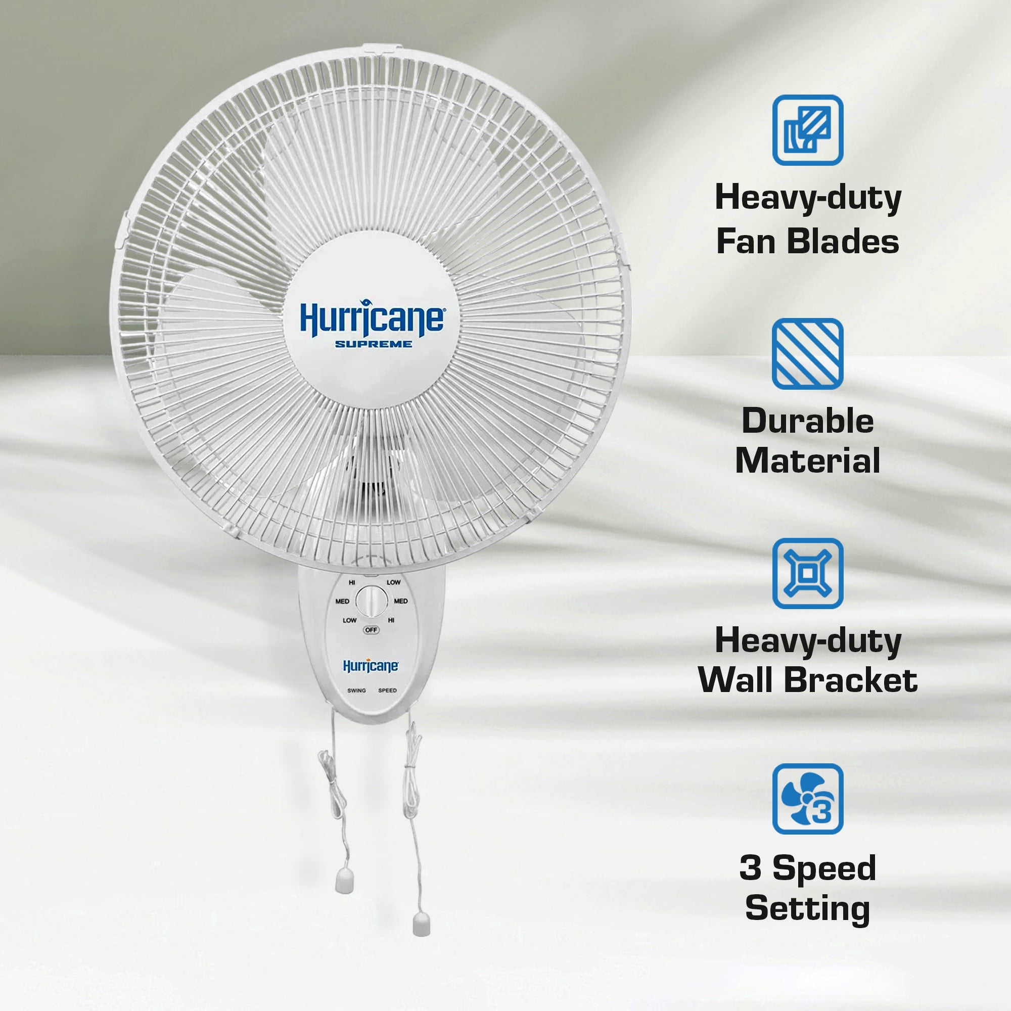 Hurricane Supreme 12” Oscillating 3 Speed Portable Wall Mount Fan, 2 Pack