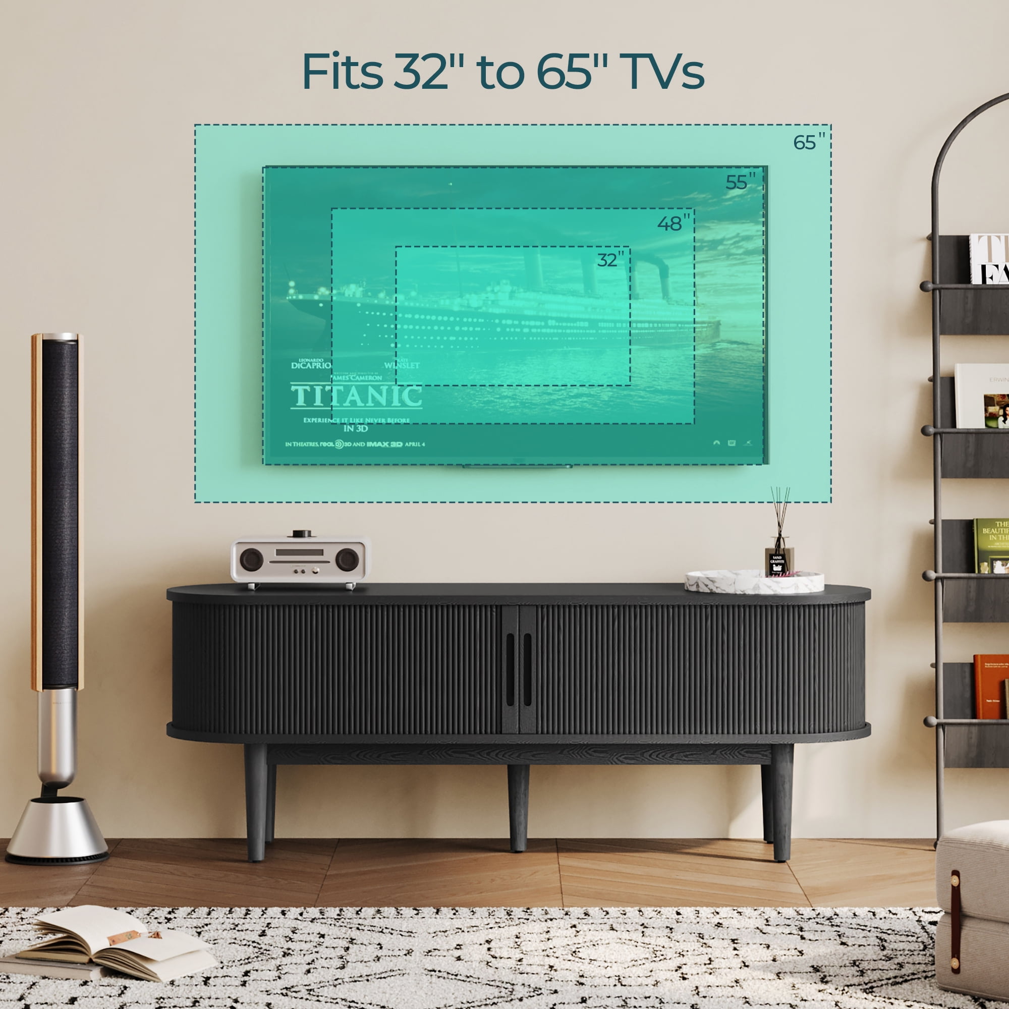 LINSY HOME Fluted TV Stand for TVs up to 65", Mid-Century Home Entertainment Center with Sliding Tambour Door and Adjustable Shelves, Black
