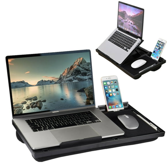 Bureau à Genoux Réglable à 8 Niveaux d'Inclinaison avec Coussin, Support d'Ordinateur Portable 4-en-1 avec Support pour Téléphone, Tapis de Souris et Fente pour Stylet, Convient aux Ordinateurs Portables jusqu'à 15,6 Pouces