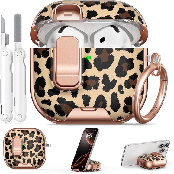 for AirPods 4 Case, with Safty Lock & Phone Stand for Floral AirPods 4th Generation Case Cover for Women Girly, iPod 4 Case with Keychain & Cleaner Kit- Leopard Print