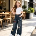 thumbnail image 5 of Spazoro Girls Denim Pants with Pockets, Elastic Waist Button Closure Loose Fit Wide Leg . Heart Plaid Print Casual Wide Leg Trousers Blue Size 5-6, 5 of 9