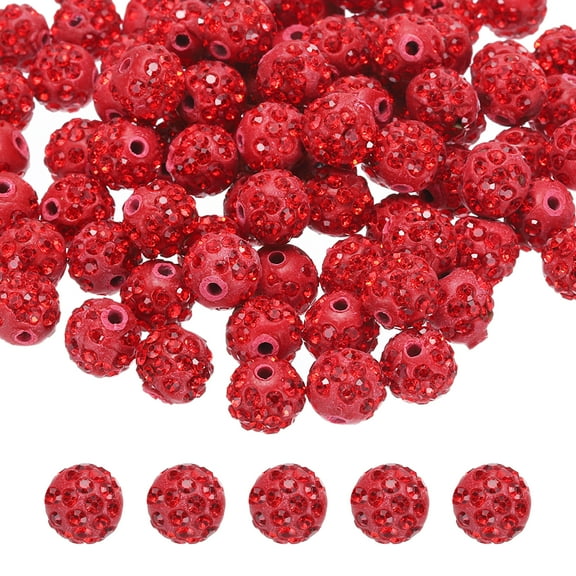 50pcs 10mm Rhinestone Beads for Jewelry Making, Sparkle Diamond Clay Bead for Necklace Bracelet Christmas, Red