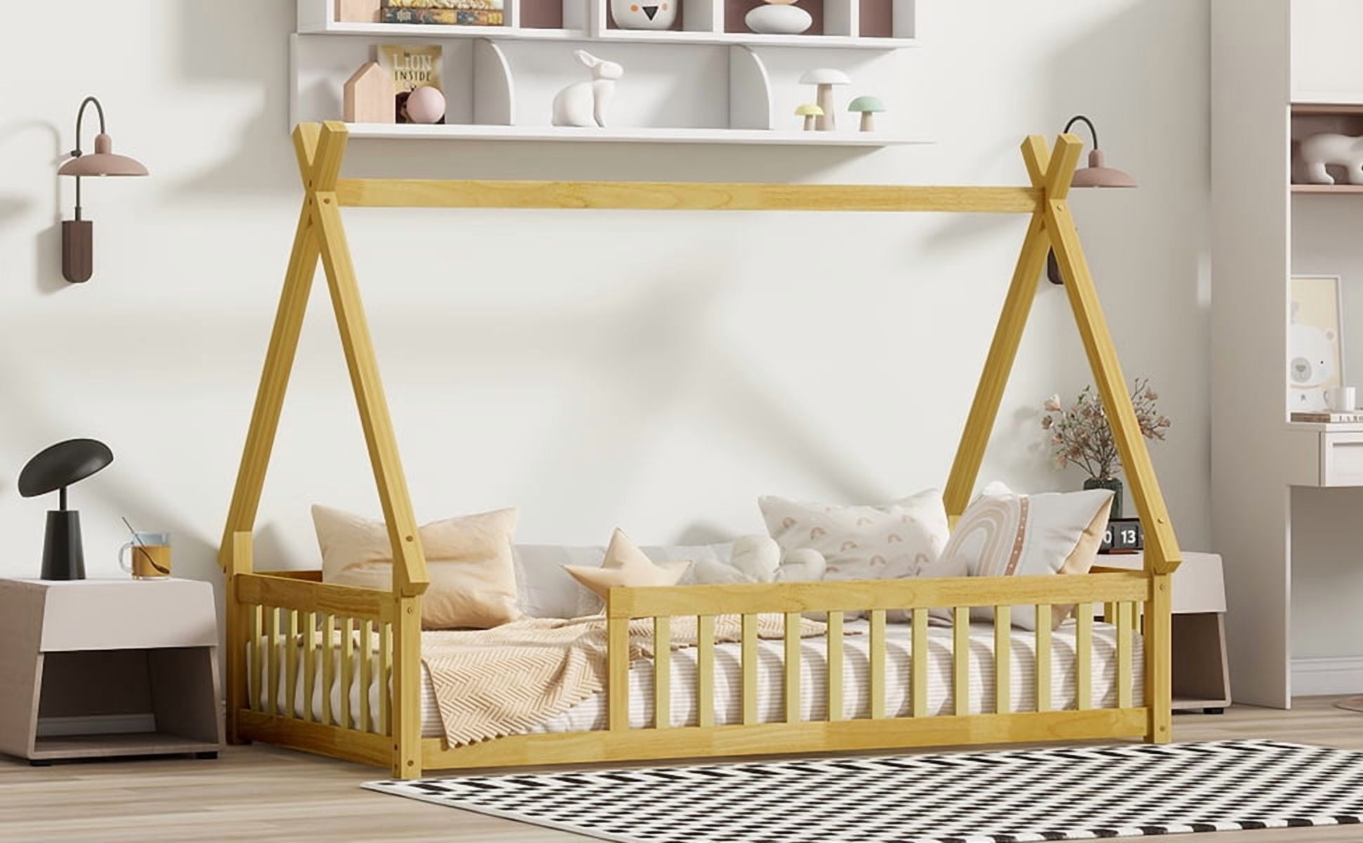 Sailvan Twin Tent-shaped Floor Bed,Teepee Bed with Guardrails,Slats