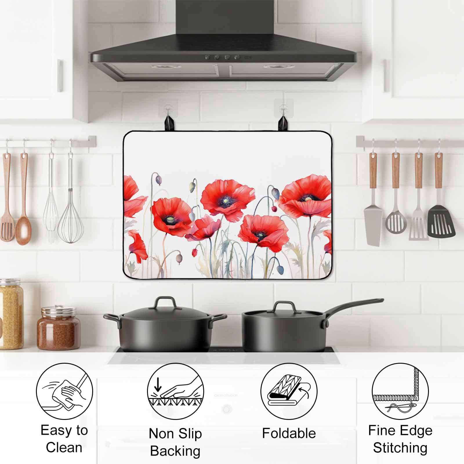 Red Spring Floral Stove Top Cover for Electric Stove, Heat-proof & Non Slip Glass Top Stove Cover Protector, Pastoral Botanical Summer Elegant Kitchen Flat Cooktop Rubber Mat 24x21 Inches